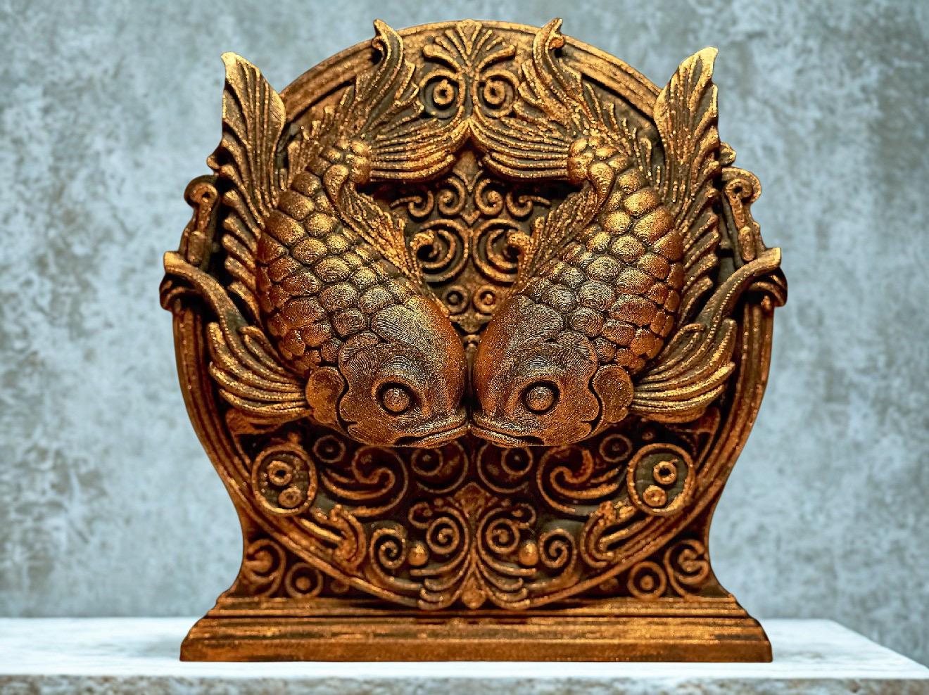 Astro Poisson – Sculpture du Signe du Zodiaque Poissons – Statue Décorative Bronze Antique – Impression 3D Artisanale – Cadeau Astrologique