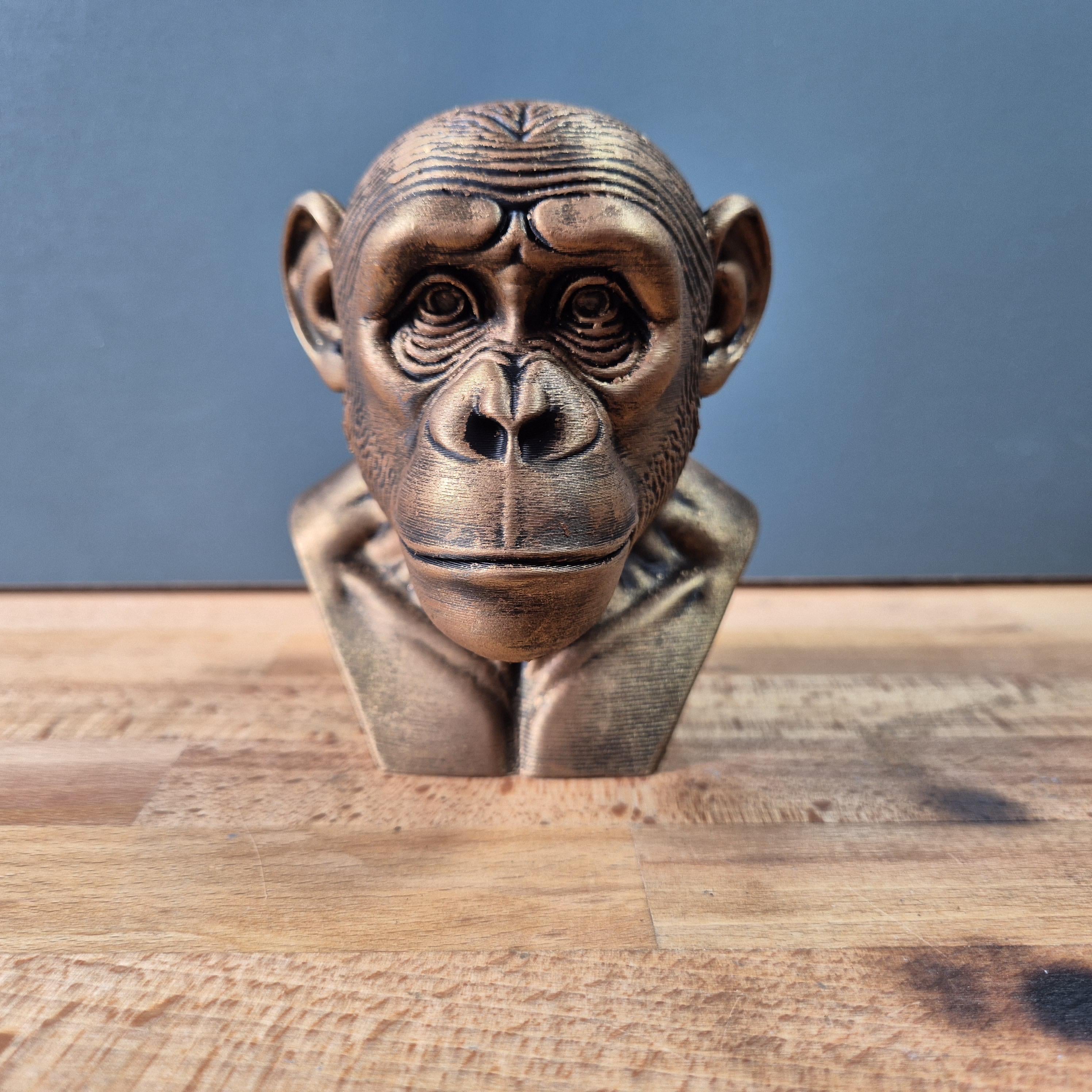 Buste chimpanzé réaliste – Statue singe effet bronze – Sculpture animale moderne – Décoration originale 3D
