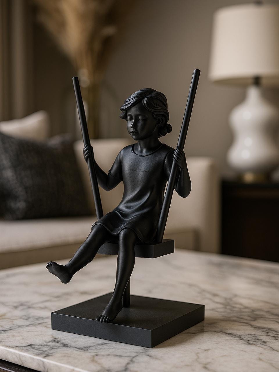 Statue enfant sur balançoire – Sculpture déco moderne – Objet décoratif minimaliste – Cadeau enfant / famille – Décoration intérieure