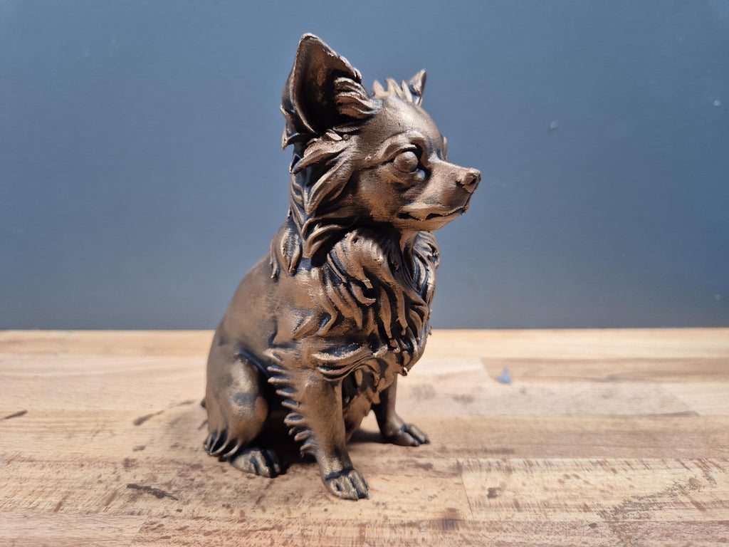 Chihuahua à Poil Long Statue Chien Personnalisée en Impression 3D, Décoration Effet Bronze, Cadeau Unique pour Amoureux des Chiens