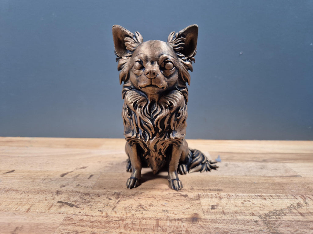 Chihuahua à Poil Long Statue Chien Personnalisée en Impression 3D, Décoration Effet Bronze, Cadeau Unique pour Amoureux des Chiens