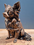 Chihuahua à Poil Long Statue Chien Personnalisée en Impression 3D, Décoration Effet Bronze, Cadeau Unique pour Amoureux des Chiens