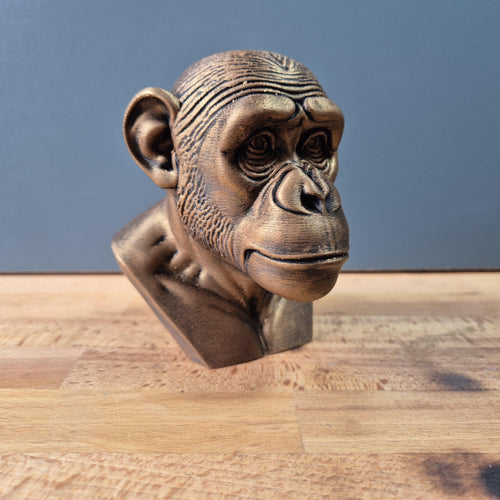Buste chimpanzé réaliste – Statue singe effet bronze – Sculpture animale moderne – Décoration originale 3D