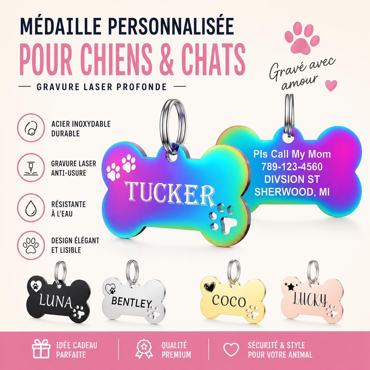 Médaille Chien Personnalisée | Gravure Nom + Téléphone | Médaille Chat | Plaque Identité Animal | Cadeau Chien Original