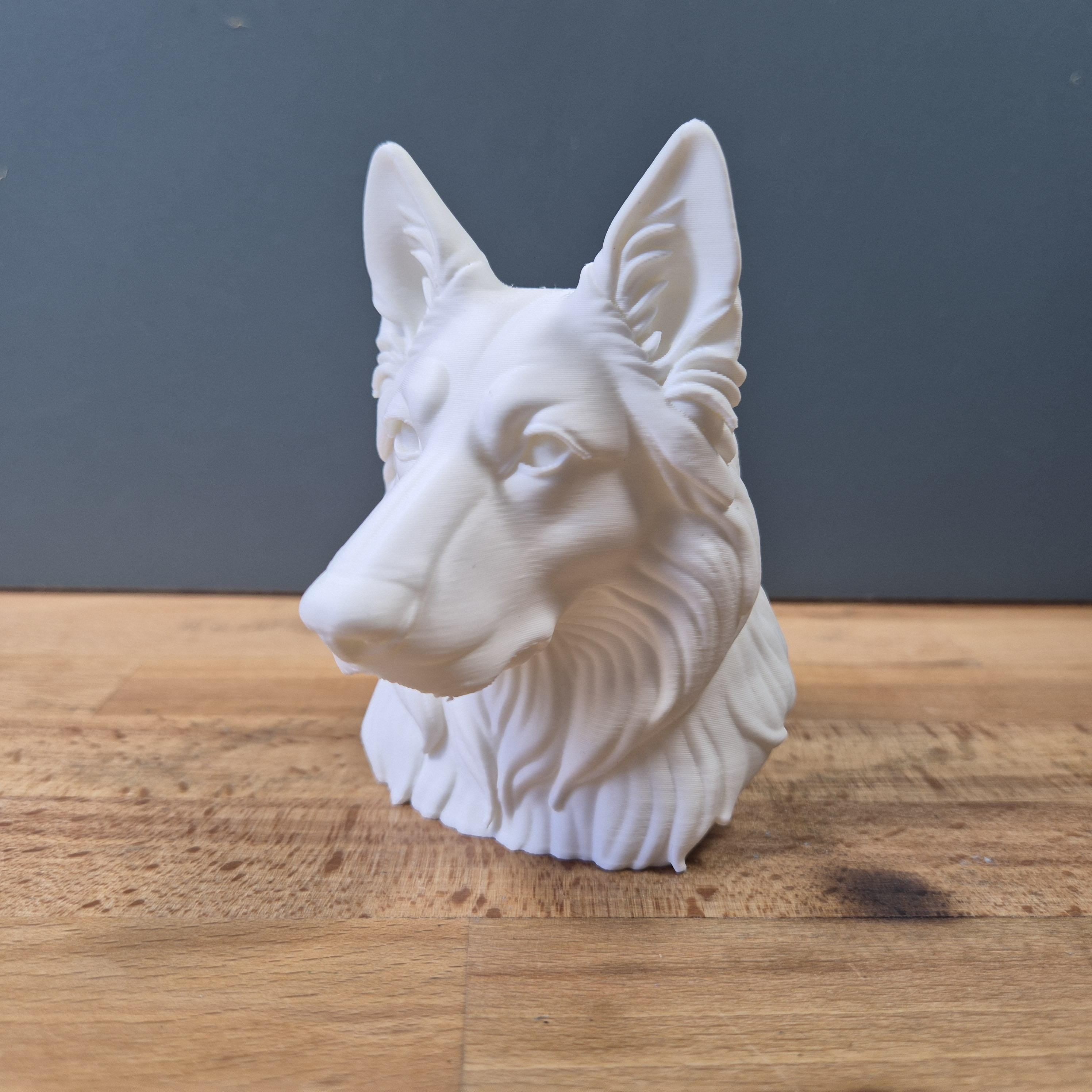 Buste de Berger Allemand à Poil Long – Statue Chien en Impression 3D – Décoration Personnalisée – Cadeau pour Amoureux des Chiens