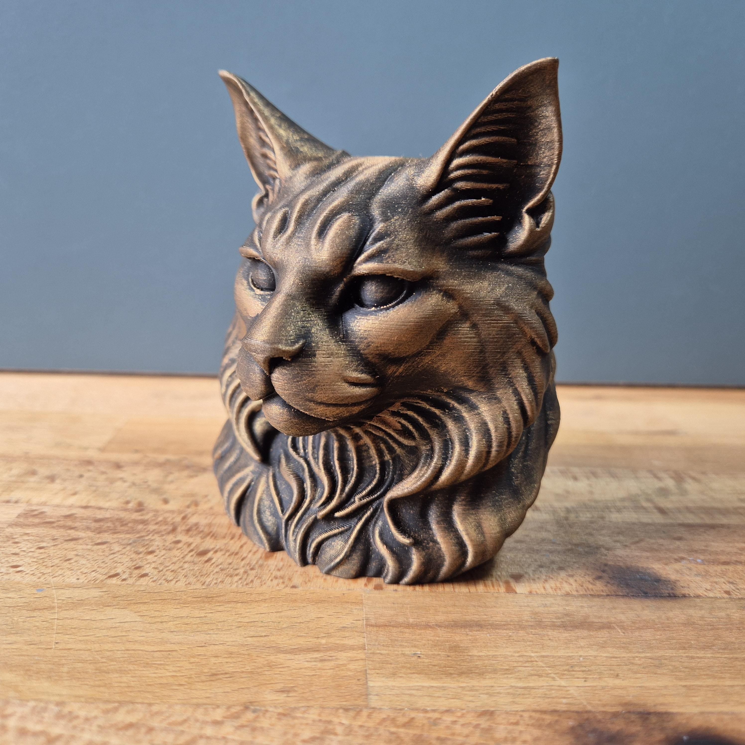 Buste de Chat Maine Coon – Statue Féline Élégante – Décoration Intérieure Moderne – Impression 3D Artisanale – Cadeau pour Amoureux des Chat