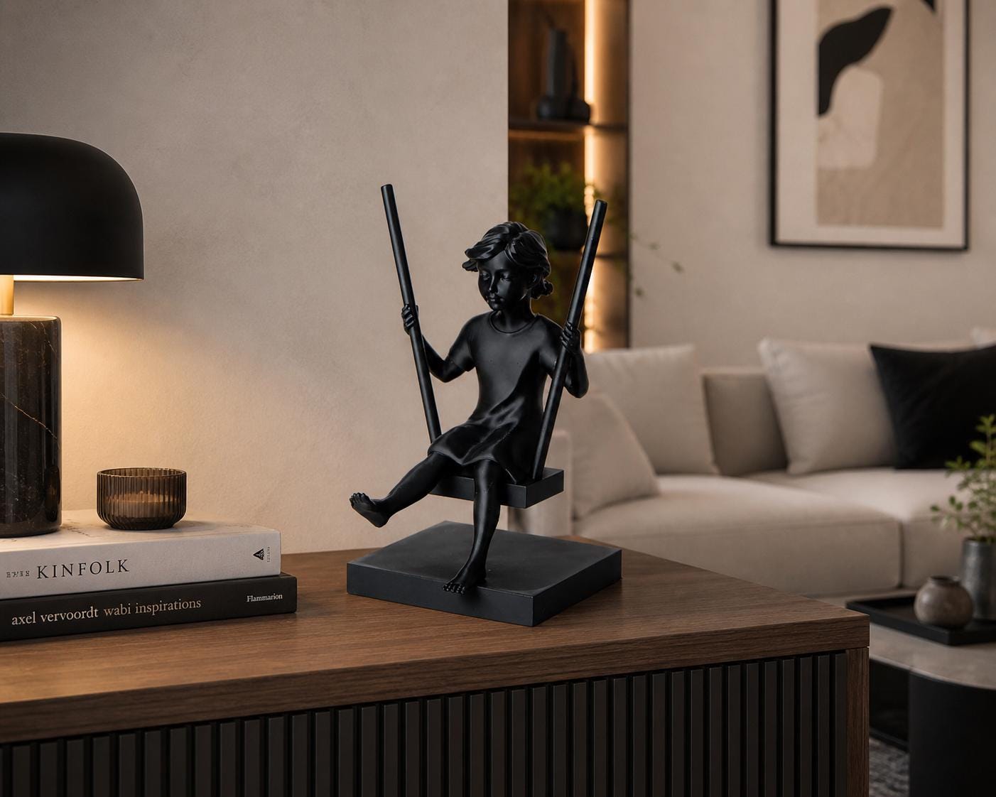 Statue enfant sur balançoire – Sculpture déco moderne – Objet décoratif minimaliste – Cadeau enfant / famille – Décoration intérieure