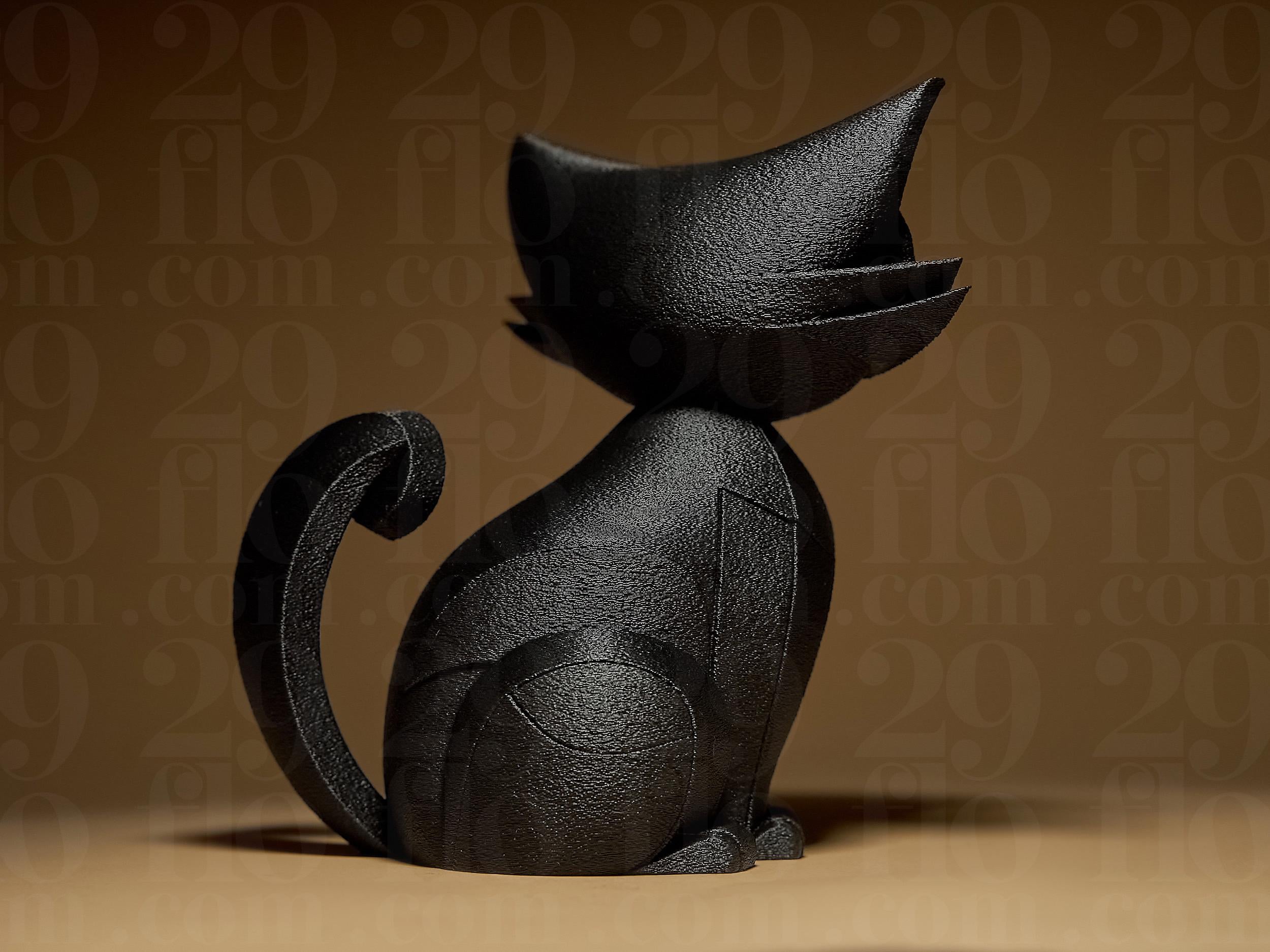 Statue Chat Géométrique Noir – Sculpture Féline Moderne en Impression 3D | Décoration Design Minimaliste