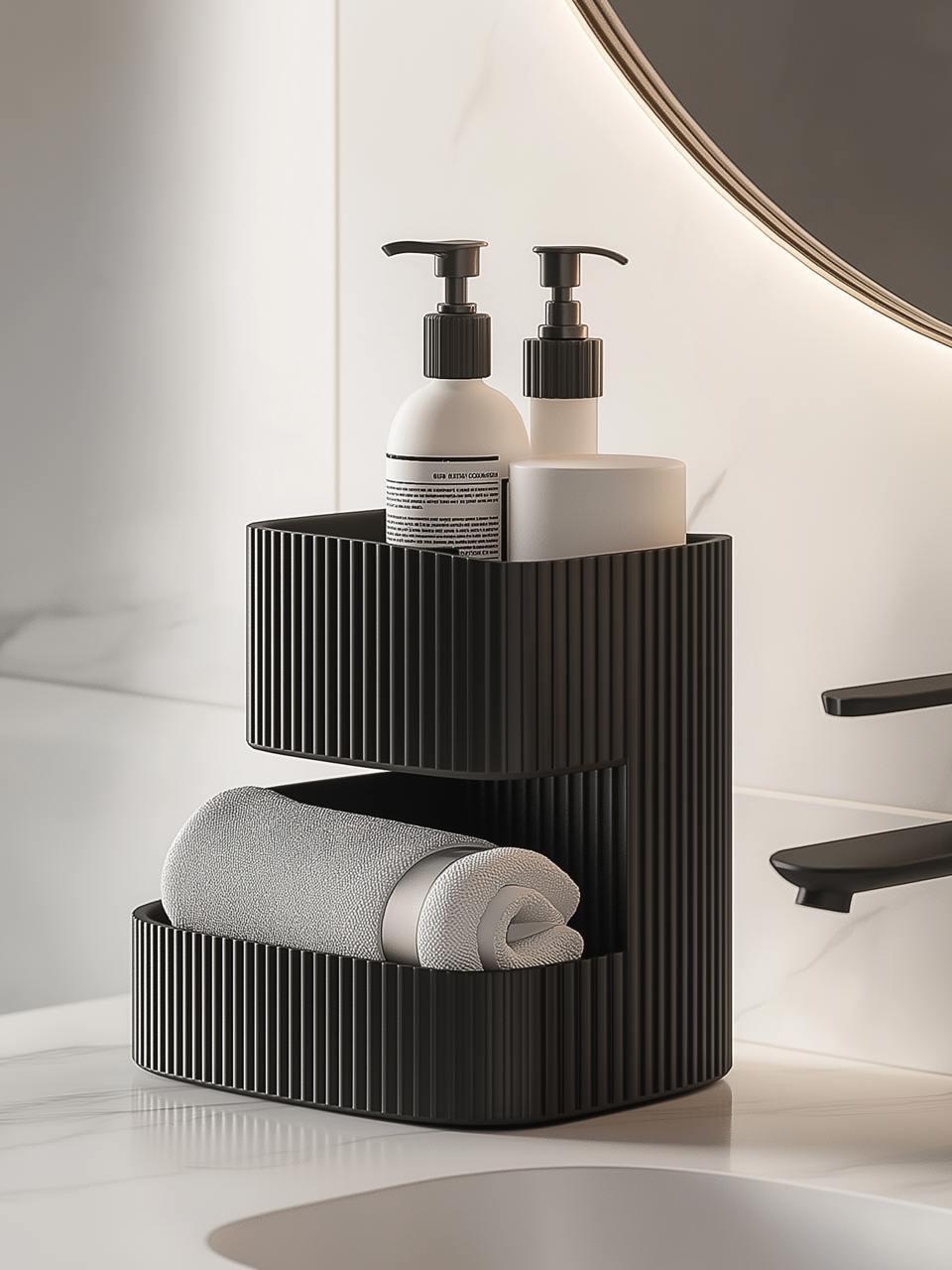 Organiseur Salle de Bain Moderne – Rangement Minimaliste Imprimé en 3D – Décoration Noir Mat