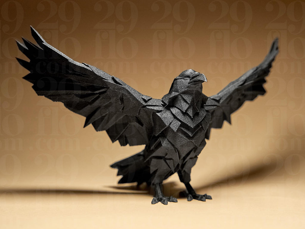 Corbeau Géométrique Noir – Sculpture Raven Low Poly Imprimée en 3D | Décoration Gothique et Moderne