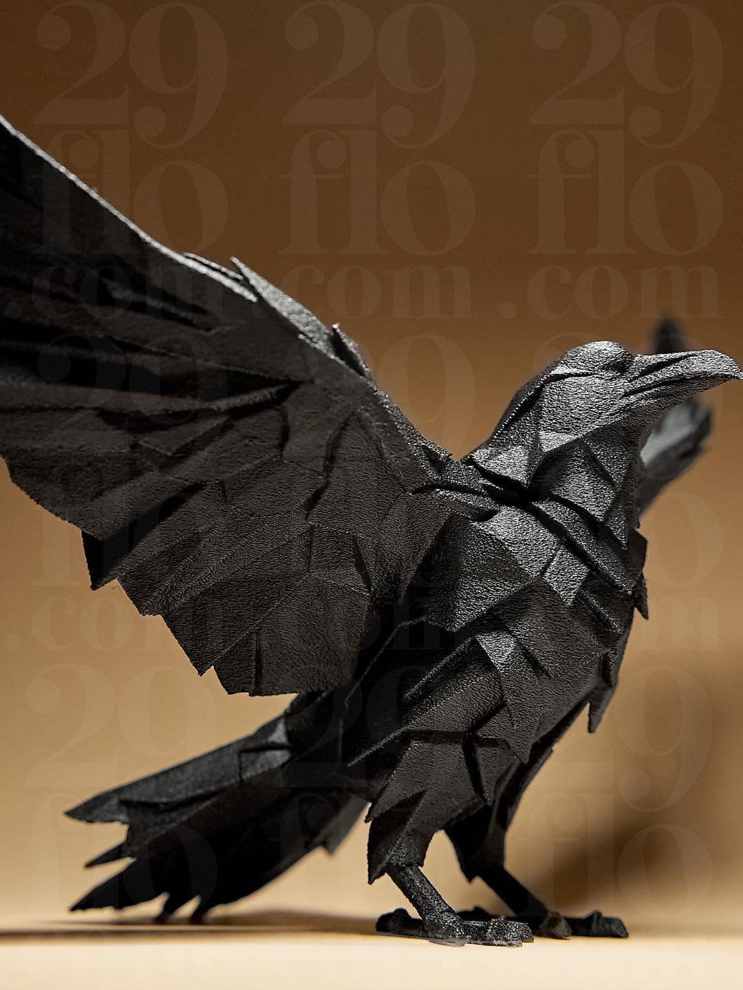 Corbeau Géométrique Noir – Sculpture Raven Low Poly Imprimée en 3D | Décoration Gothique et Moderne