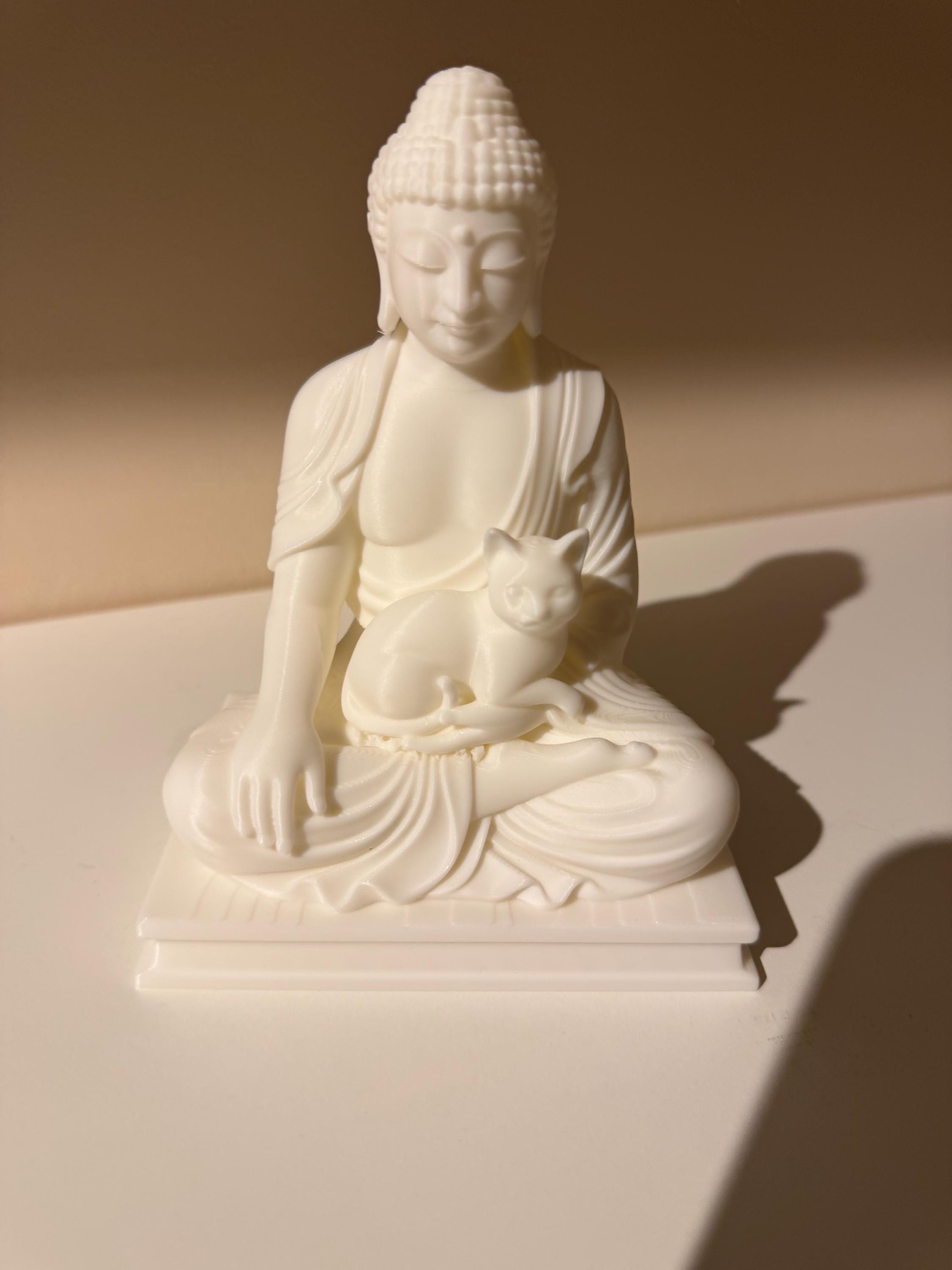 Statue Bouddha avec Chat – Sculpture Zen Imprimée en 3D – Décoration Spirituelle et Apaisante pour Maison