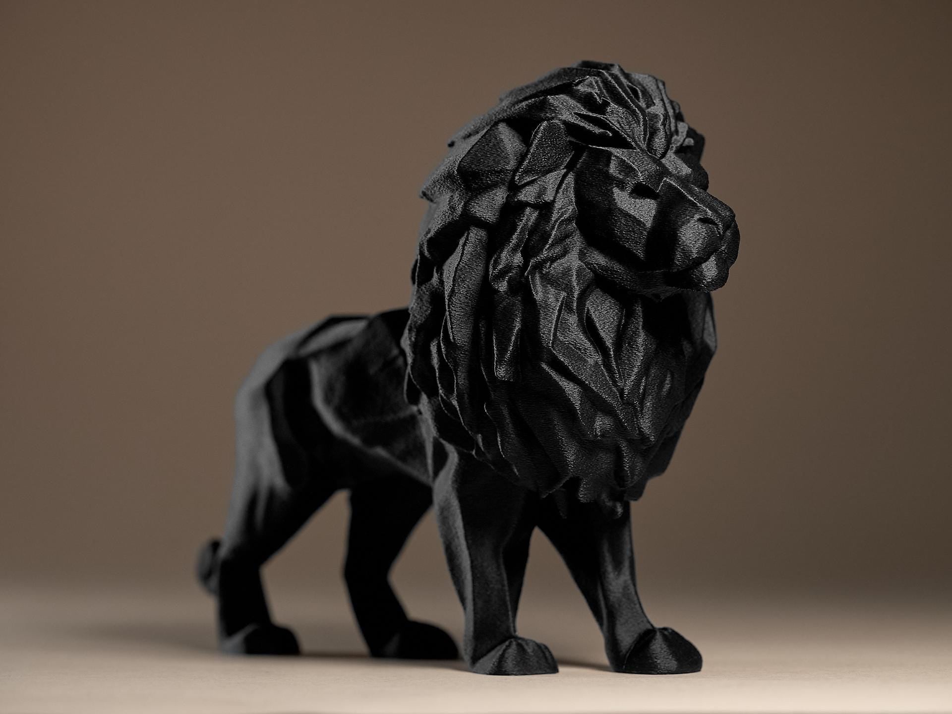 Statue Lion Géométrique Noir – Sculpture Moderne Imprimée en 3D | Décoration Luxe Minimaliste