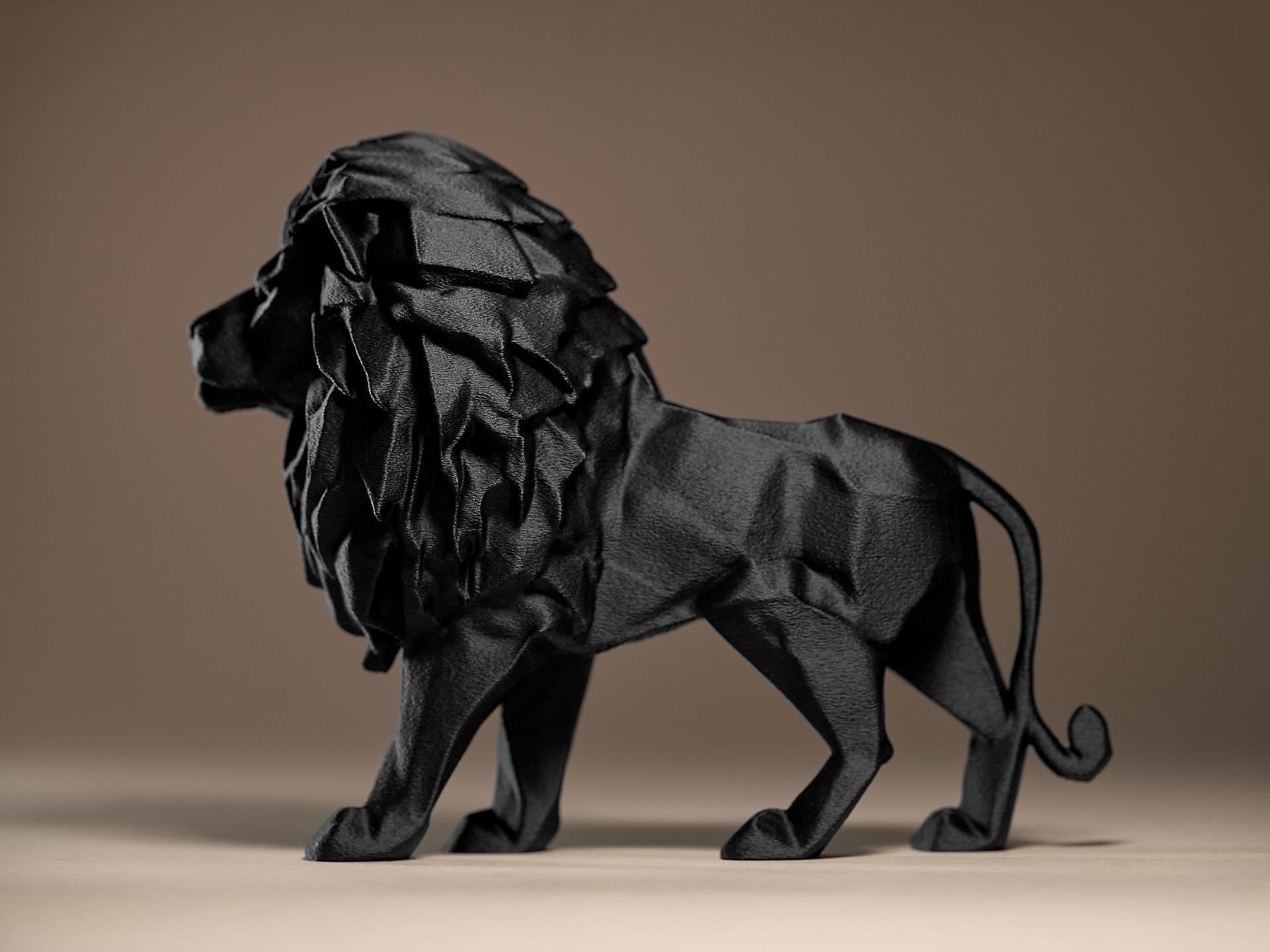 Statue Lion Géométrique Noir – Sculpture Moderne Imprimée en 3D | Décoration Luxe Minimaliste