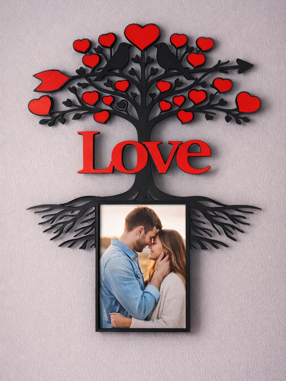 Cadre Photo Love Personnalisé | Arbre des Amoureux avec Cœurs et Oiseaux | Décoration Murale Romantique | Impression 3D