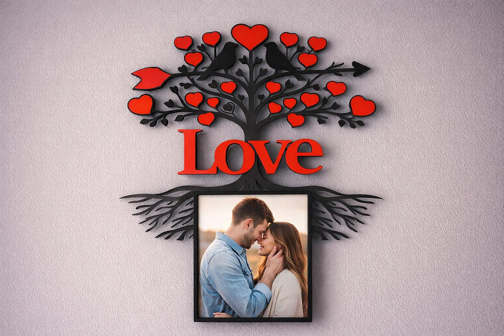 Cadre Photo Love Personnalisé | Arbre des Amoureux avec Cœurs et Oiseaux | Décoration Murale Romantique | Impression 3D