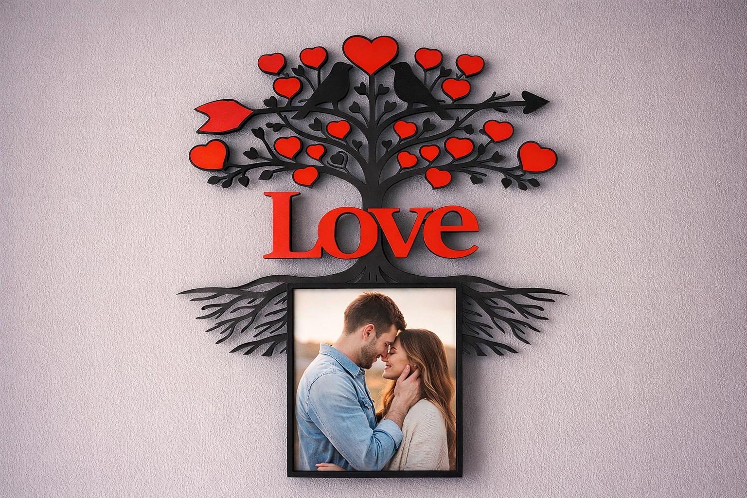 Cadre Photo Love Personnalisé | Arbre des Amoureux avec Cœurs et Oiseaux | Décoration Murale Romantique | Impression 3D