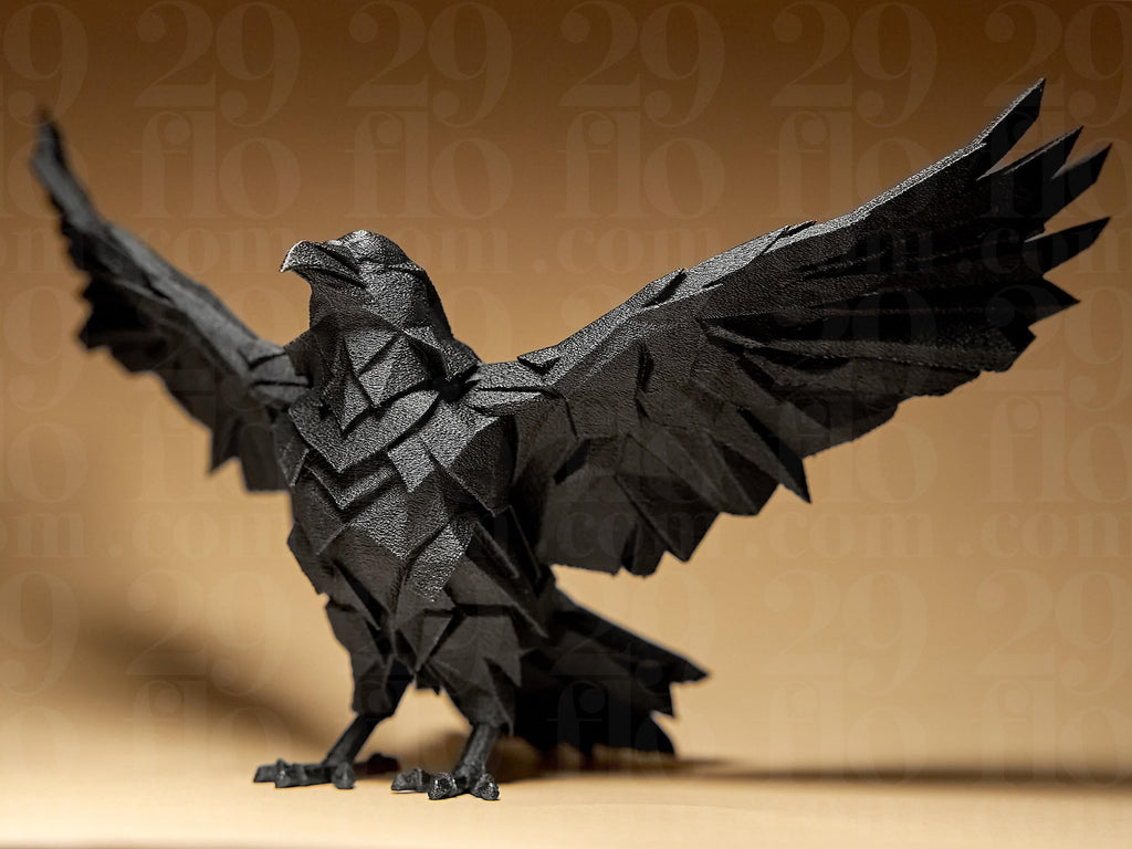 Corbeau Géométrique Noir – Sculpture Raven Low Poly Imprimée en 3D | Décoration Gothique et Moderne