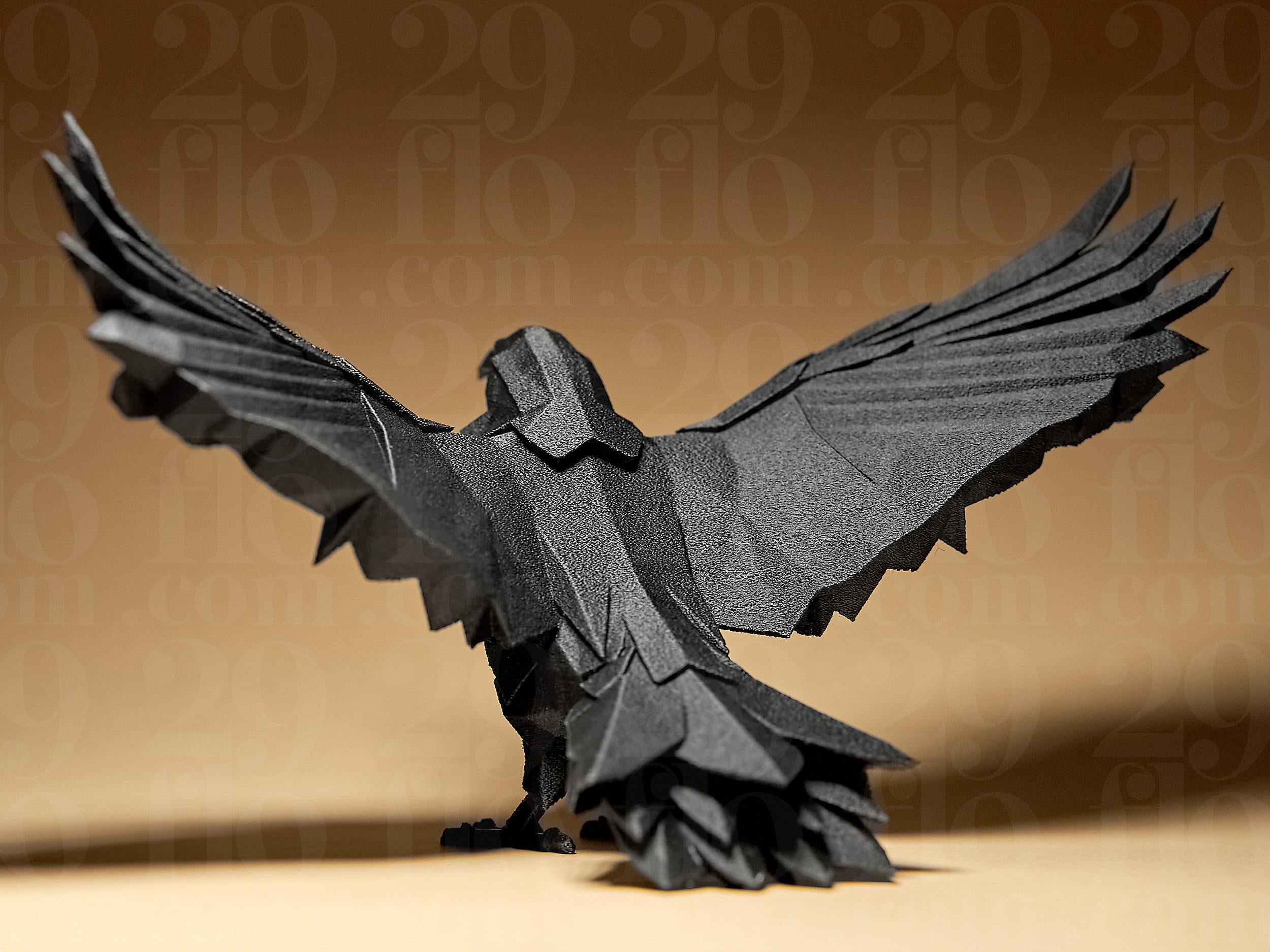 Corbeau Géométrique Noir – Sculpture Raven Low Poly Imprimée en 3D | Décoration Gothique et Moderne