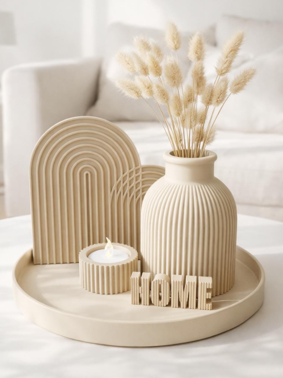 Kit Décoration HOME Beige – Vase Design, Plateau et Arc Bohème – Décoration Intérieure Moderne – Cadeau Maison Neuve – Impression 3D