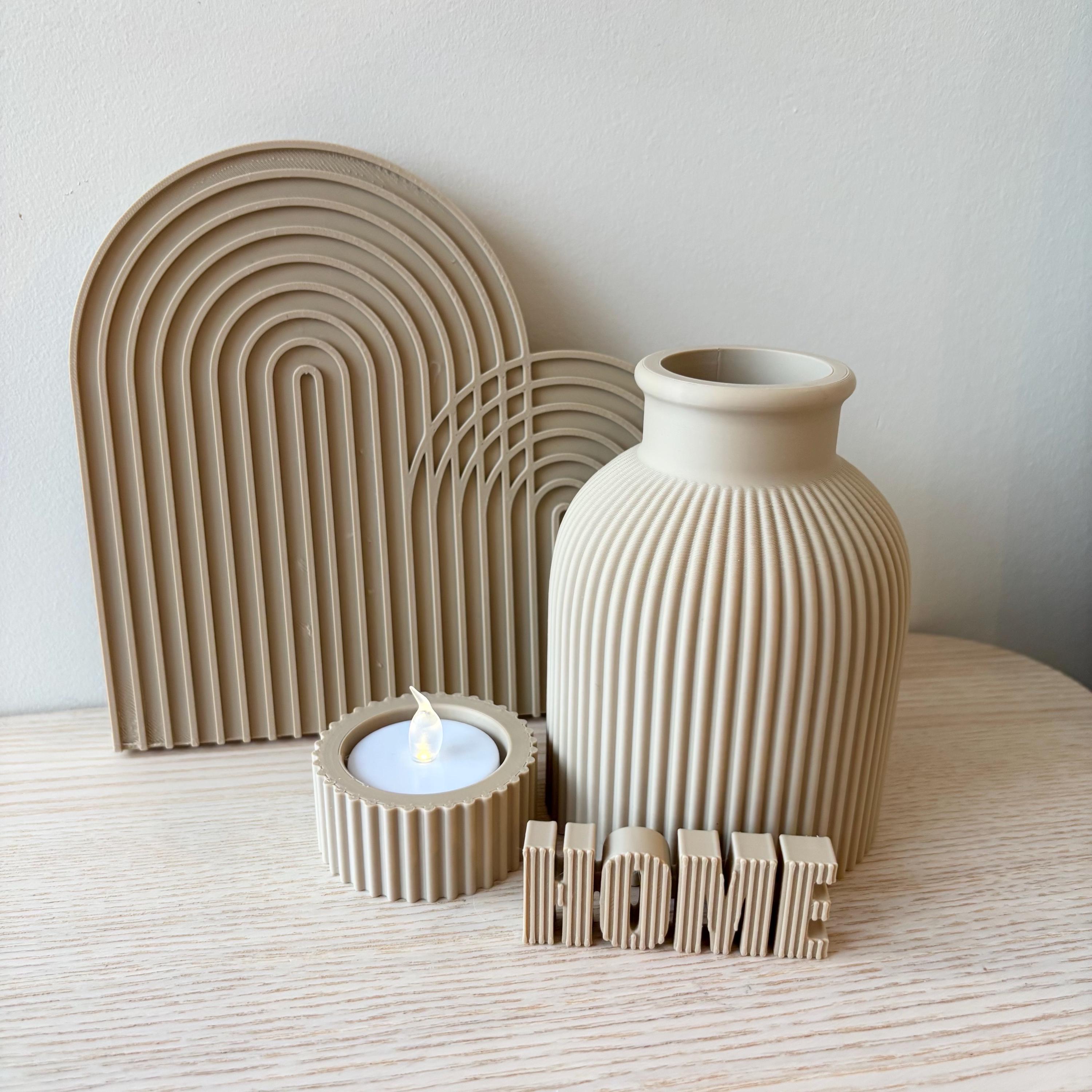Kit Décoration HOME Beige – Vase Design, Plateau et Arc Bohème – Décoration Intérieure Moderne – Cadeau Maison Neuve – Impression 3D