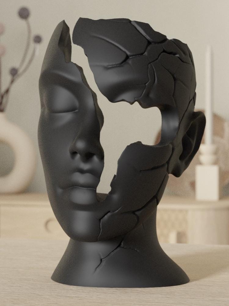 Sculpture Visage Cassé Moderne – Statue Décorative Design Noir – Art Contemporain Abstrait – Décoration Salon Bureau – Impression 3D