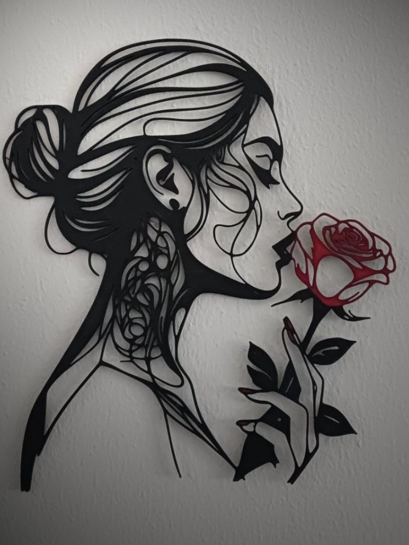 Décoration Murale Femme et Rose – Art Line Art Moderne Noir et Rouge – Sculpture Murale Élégante – Cadeau Femme – Impression 3D