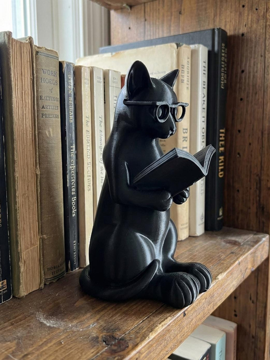 Chat Lecteur avec Lunettes – Statue Chat Bibliophile – Décoration Originale pour Bibliothèque – Impression 3D – Cadeau Amateur de Livres