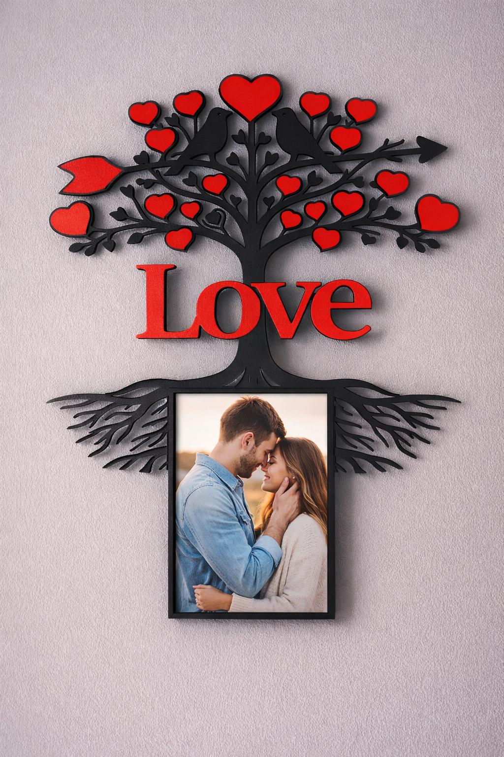 Cadre Photo Love Personnalisé | Arbre des Amoureux avec Cœurs et Oiseaux | Décoration Murale Romantique | Impression 3D