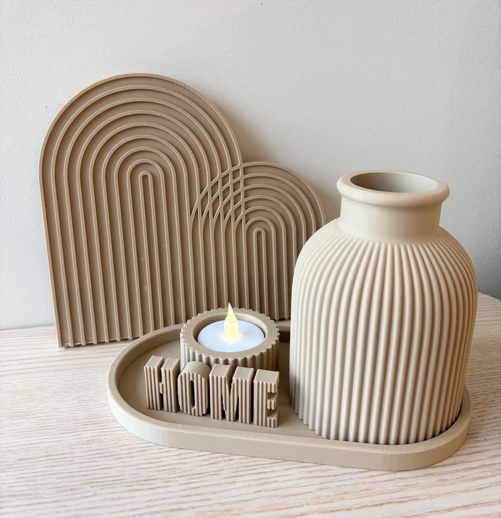 Kit Décoration HOME Beige – Vase Design, Plateau et Arc Bohème – Décoration Intérieure Moderne – Cadeau Maison Neuve – Impression 3D