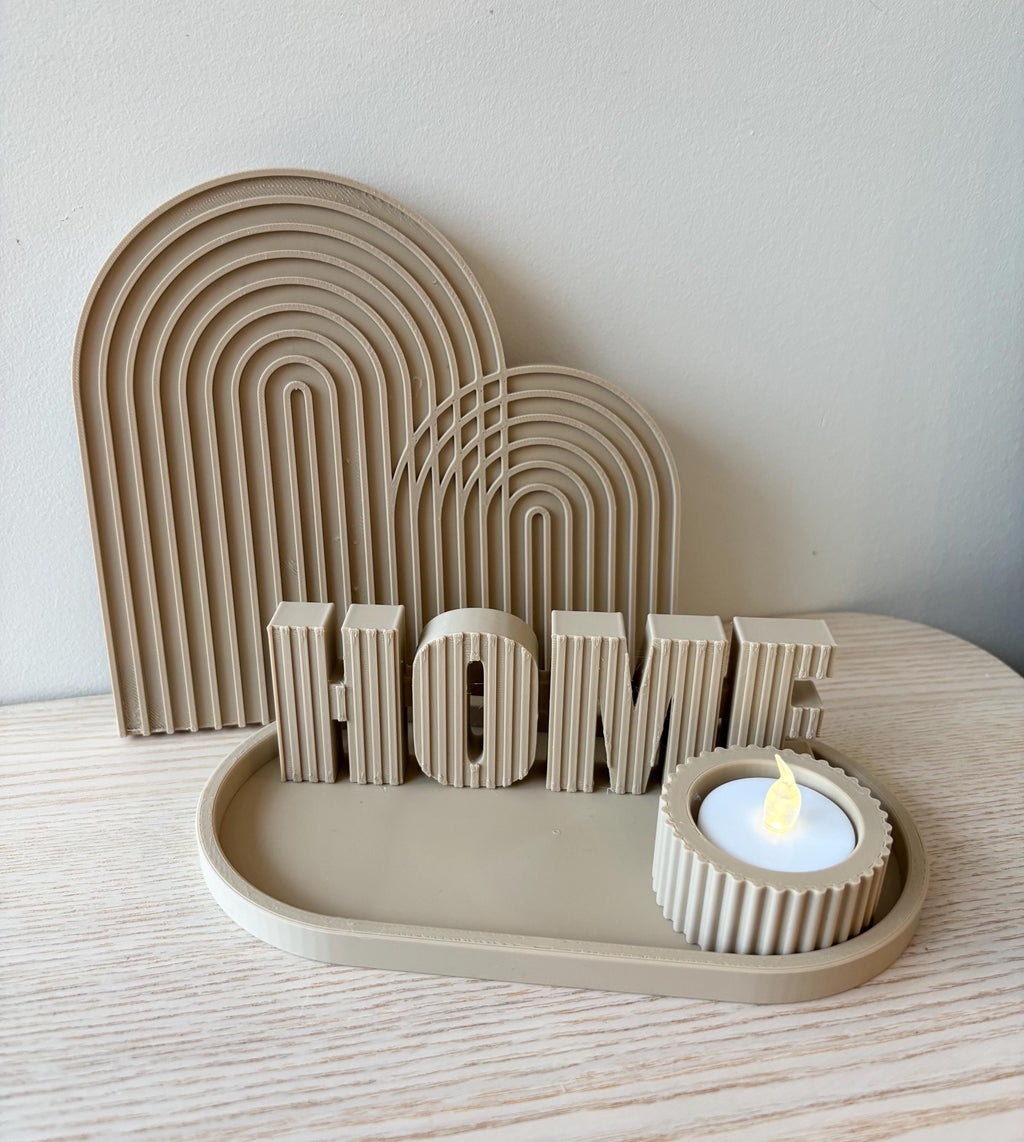 Kit Décoration HOME Beige – Vase Design, Plateau et Arc Bohème – Décoration Intérieure Moderne – Cadeau Maison Neuve – Impression 3D